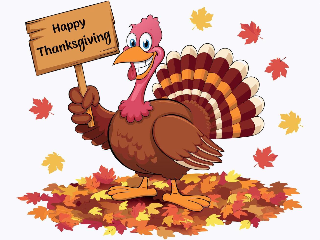 Turkey with a chef hat holding a Thanksgiving sign with autumn leaves vector