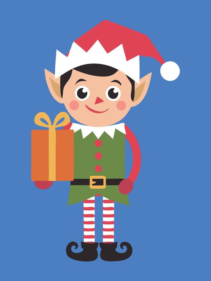 A happy elf in a Santa hat holding a wrapped gift on a blue background, perfect for holiday-themed designs vector