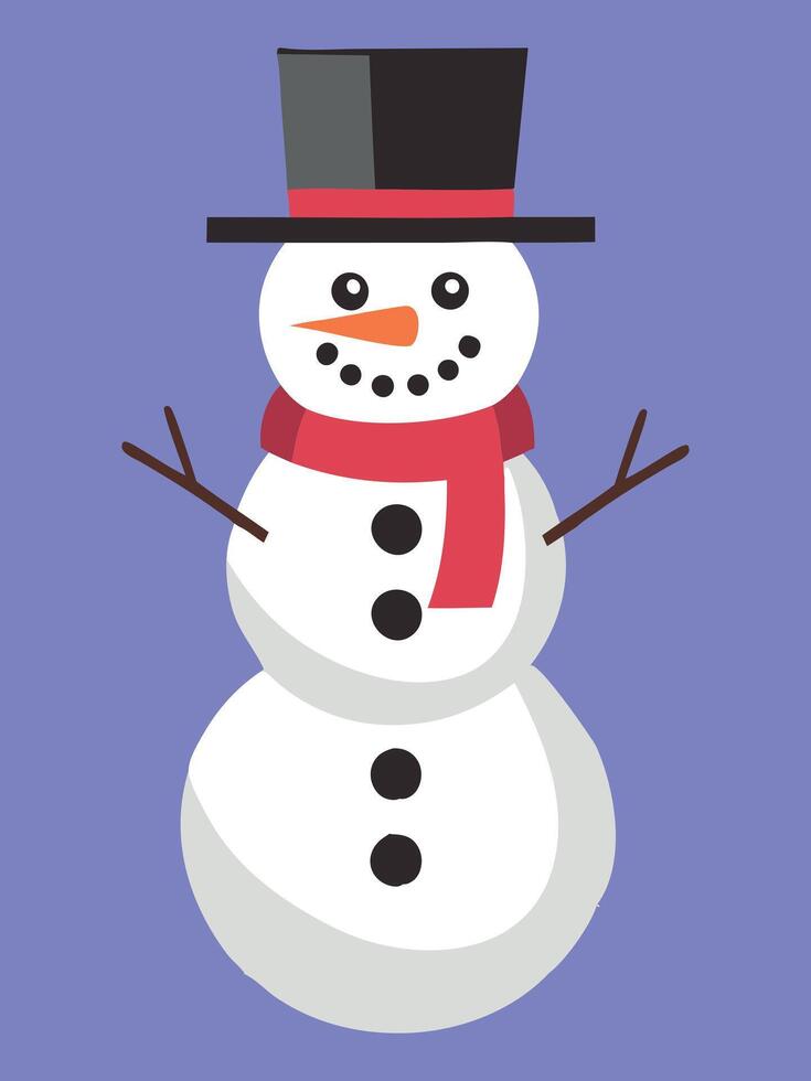 A jolly snowman wearing a red scarf and top hat on a purple background, ideal for winter and Christmas designs vector