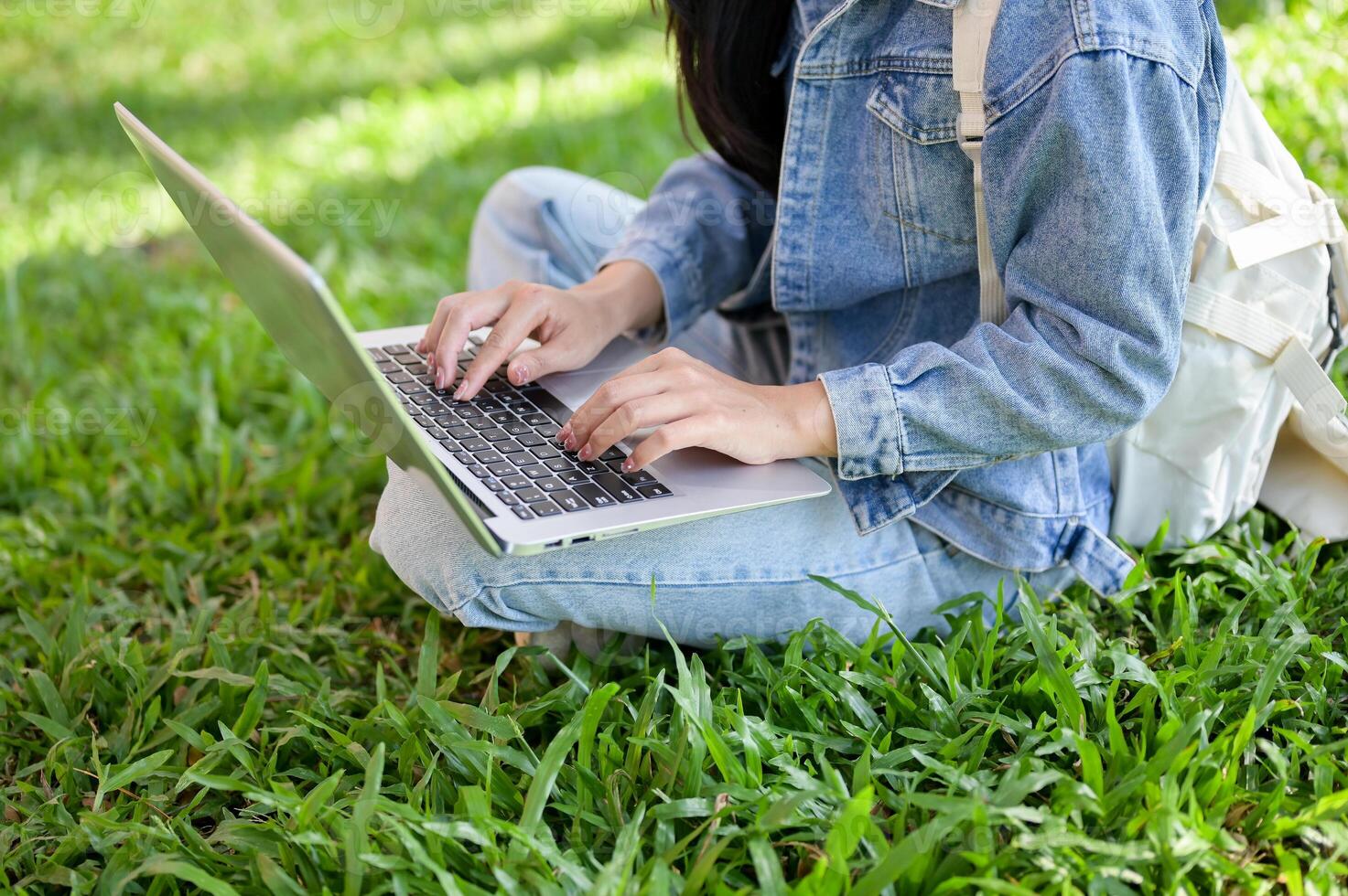 A cropped image of a female student sitting on the grass in her university park, using her laptop. photo