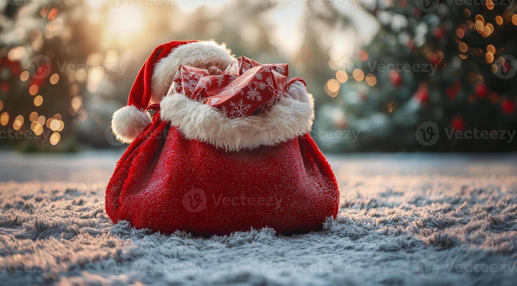Santa Claus and a red bag with gifts, created on the basis of technology. photo