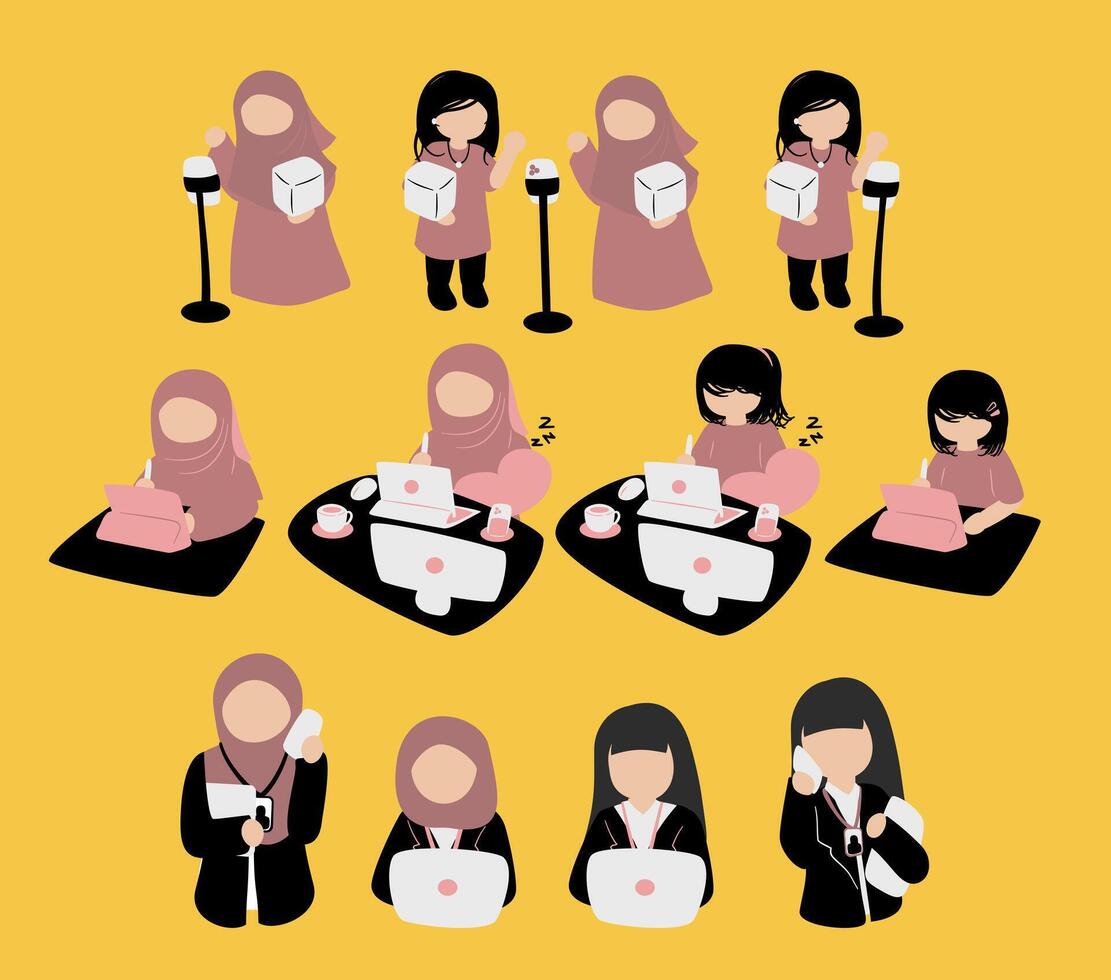 modern working woman as content creator, illustrator, editor, social media admin, corporate and office worker and the devices vector