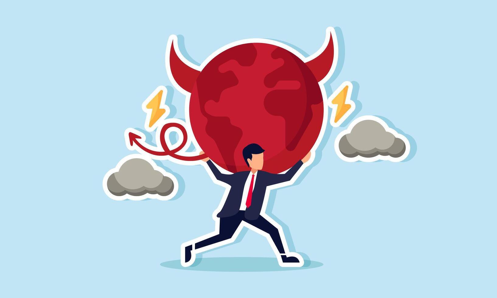 A businessman running away with a devil-shaped globe surrounded by dark clouds and lightning, illustration of escaping the dark side or unethical practices in business vector