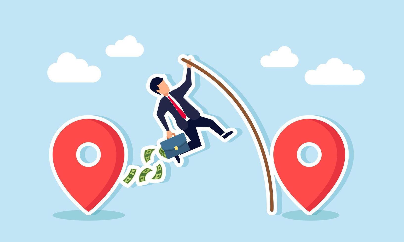 A businessman jump from a location pin to another with a wooden stick and carry a briefcase full of money, illustration of switch to another business project location after succeed vector