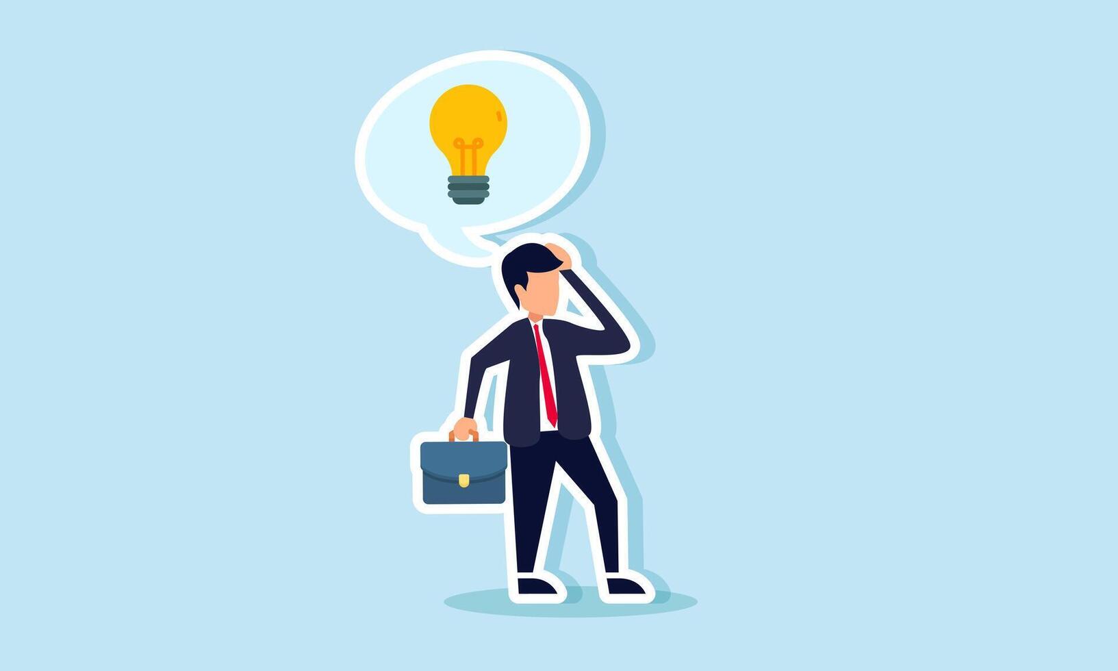 A confused businessman with a thought bubble showing a lamp, illustration of uncertainty in designing a business idea and innovation vector