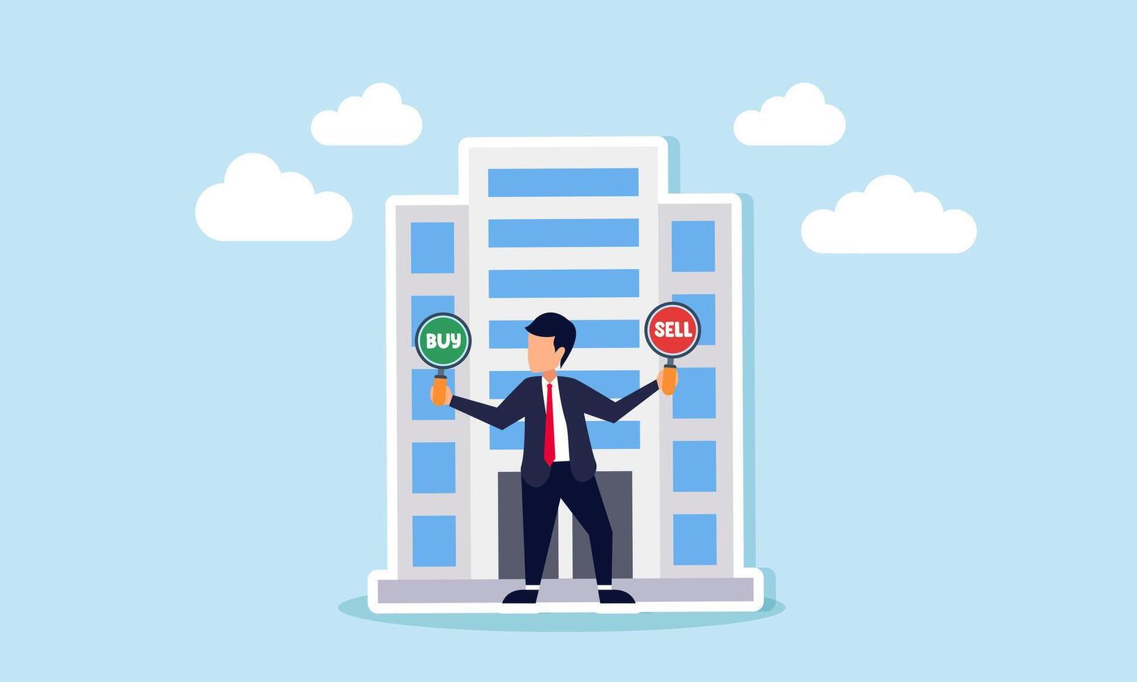 A businessman holding BUY and SELL boards stands in front of an office building, illustration of choosing between BUY or SELL business company assets vector