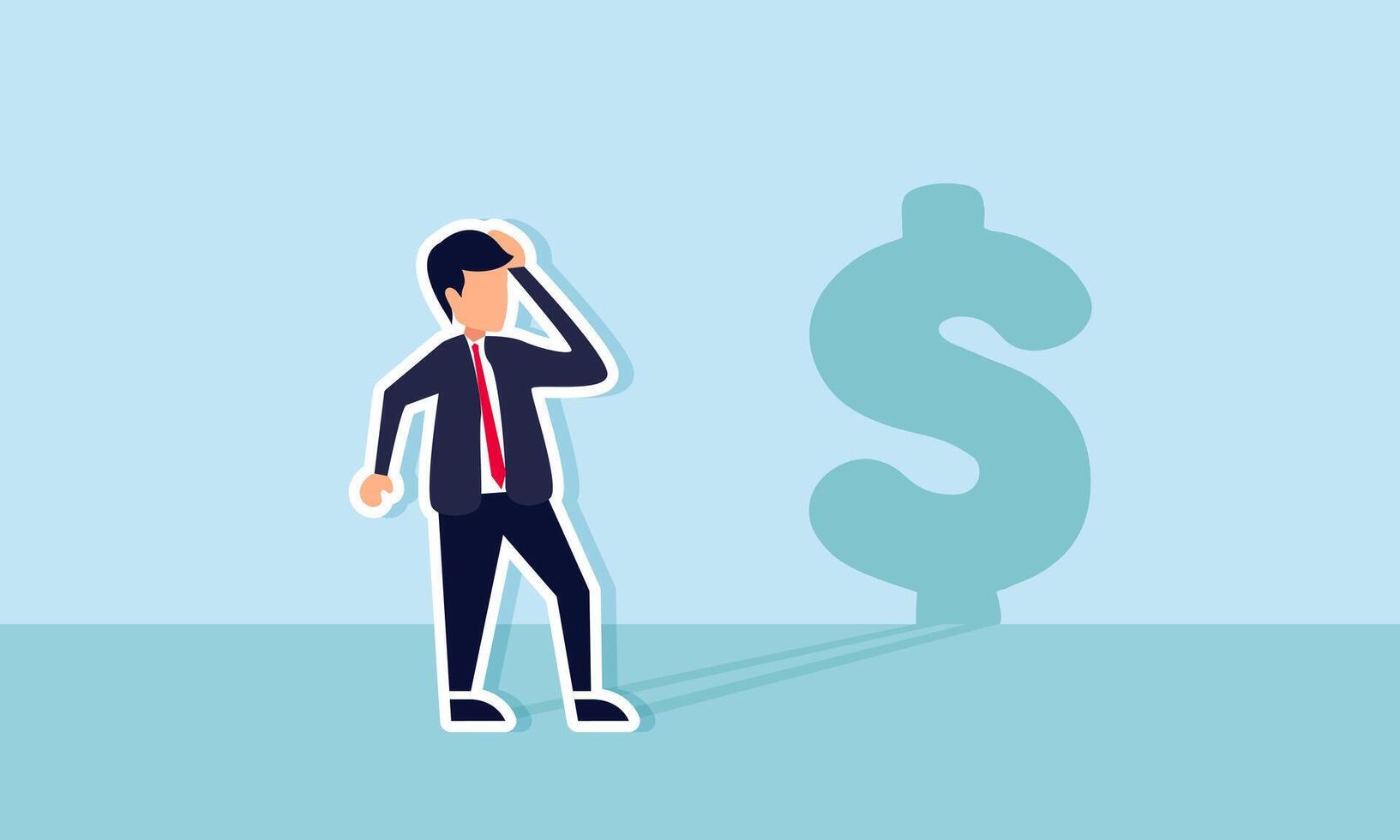 A businessman stands before a wall, confused, casting a shadow of a dollar sign, illustration of confusion in designing and maintaining financial stability for a business vector