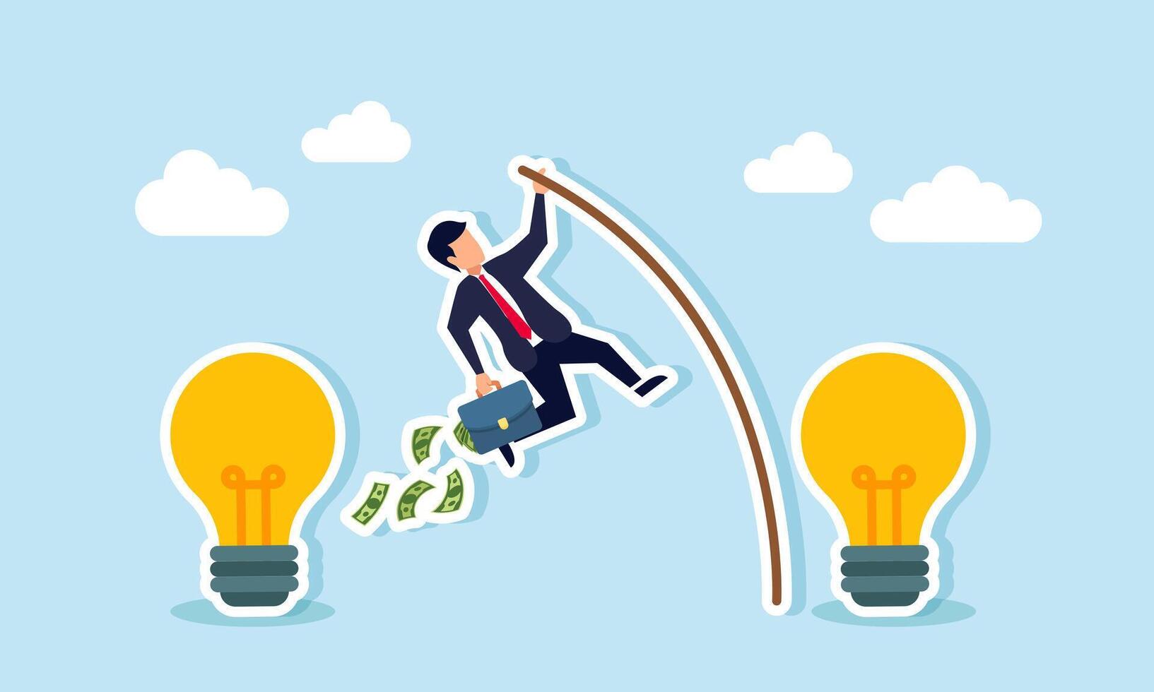 A businessman jump from one lamp to another with a wooden stick and carrying a briefcase full of money, illustration of switching to another business idea after succeeding in one vector