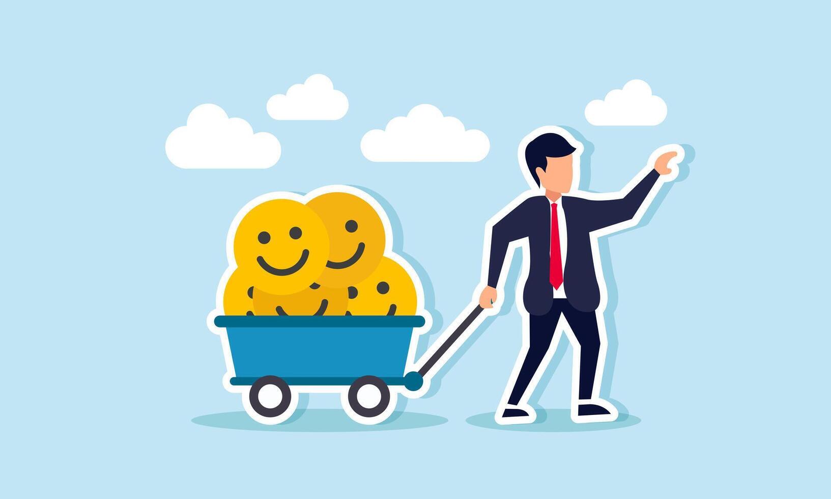 A businessman pulling a freight train filled with stacks of happy emoticons, illustration of gaining positive engagement from the market vector