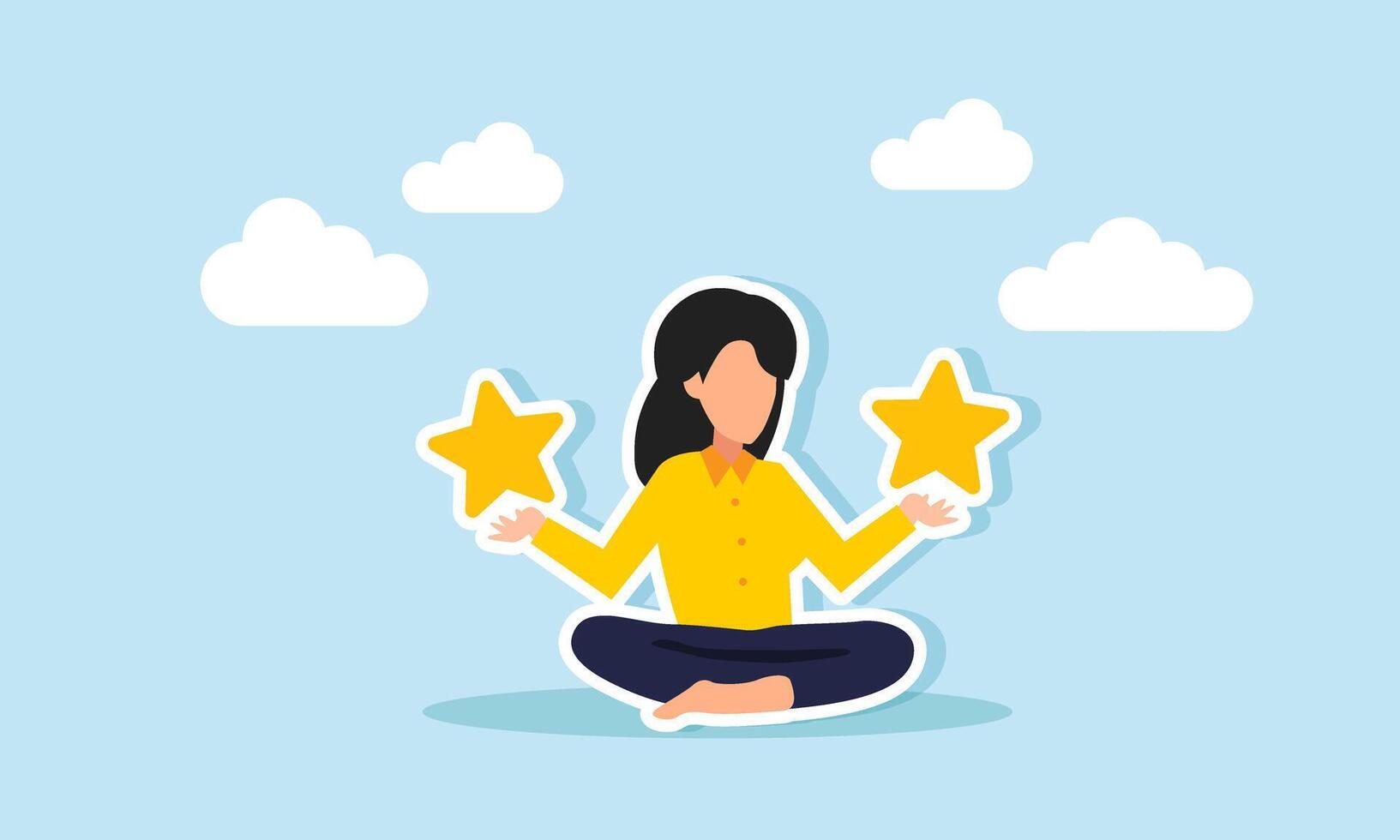 A businesswoman meditates while holding stars in both hands, illustration of contemplating ways to improve business ratings and quality vector