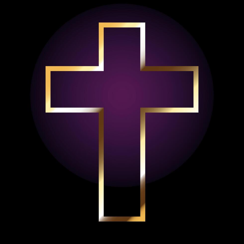 Shiny gold Christian Cross isolated on gradient purple light background. Symbol of faith and worship in God. vector