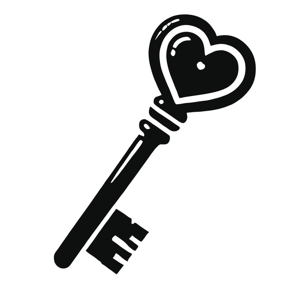 A black and white illustration of a key with a heart vector