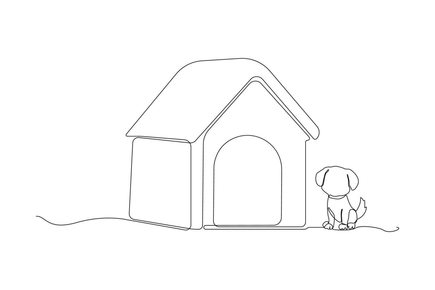 Hand-drawn dog house one-line art drawing. Pet house continuous outline vector