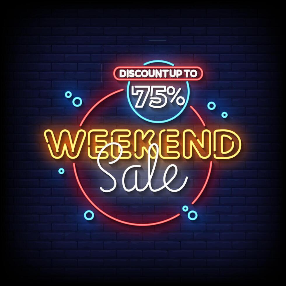weekend sale neon style with brick wall background vector