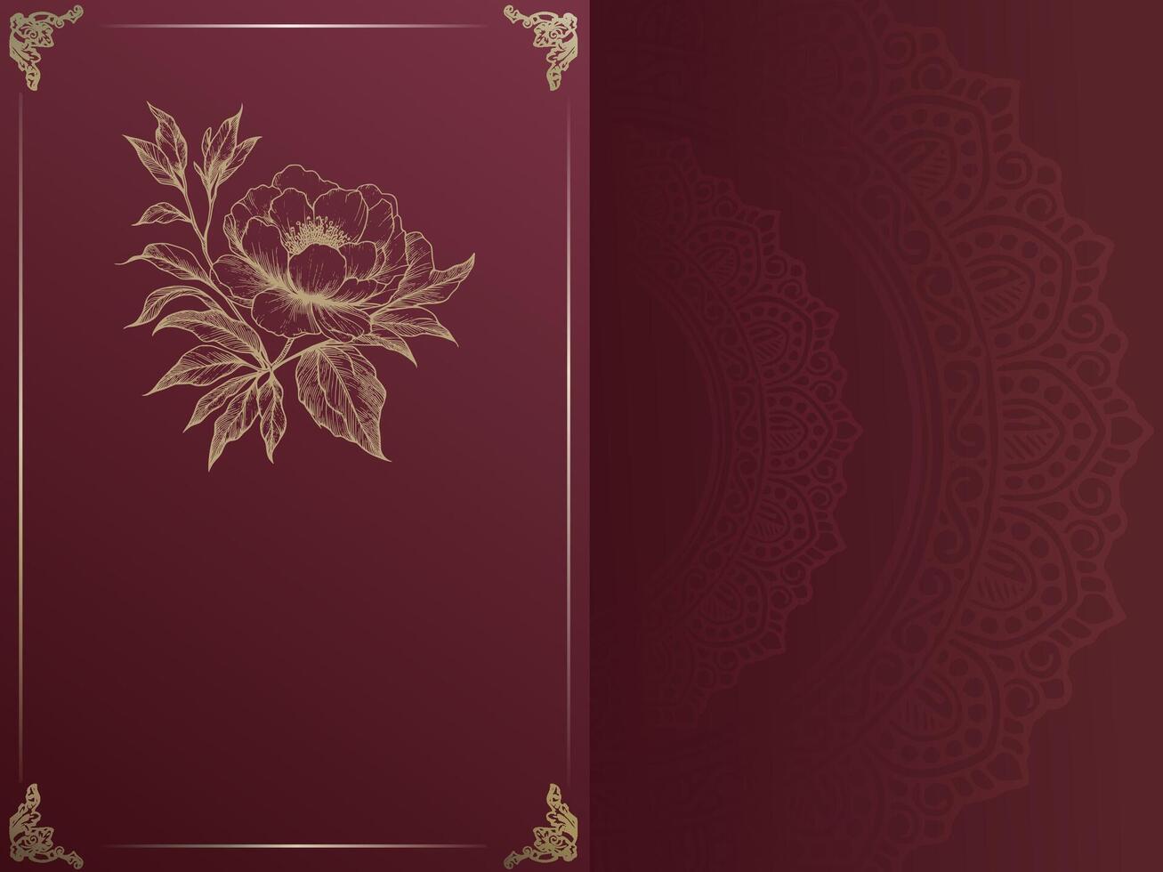luxury wedding invitation card in red with gold flower and transparent mandala background vector