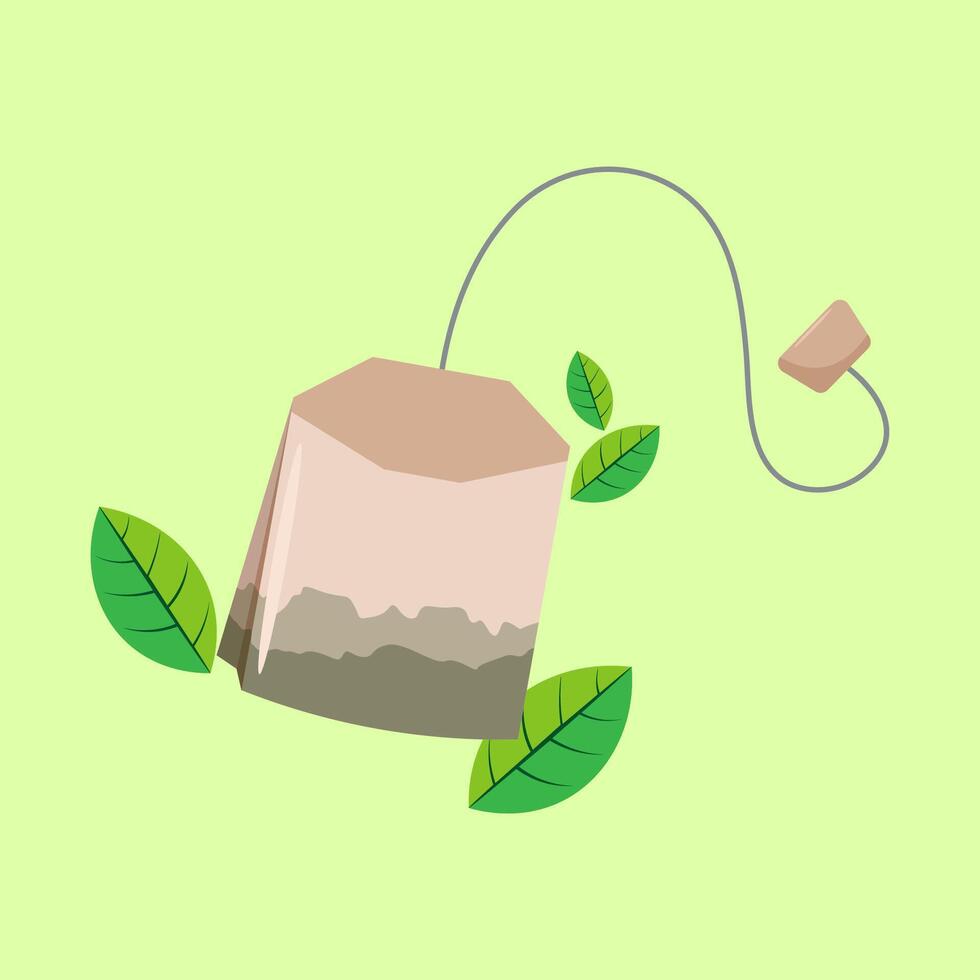 Illustration of a tea bag with refreshing green tea leaf ornament in cartoon style vector