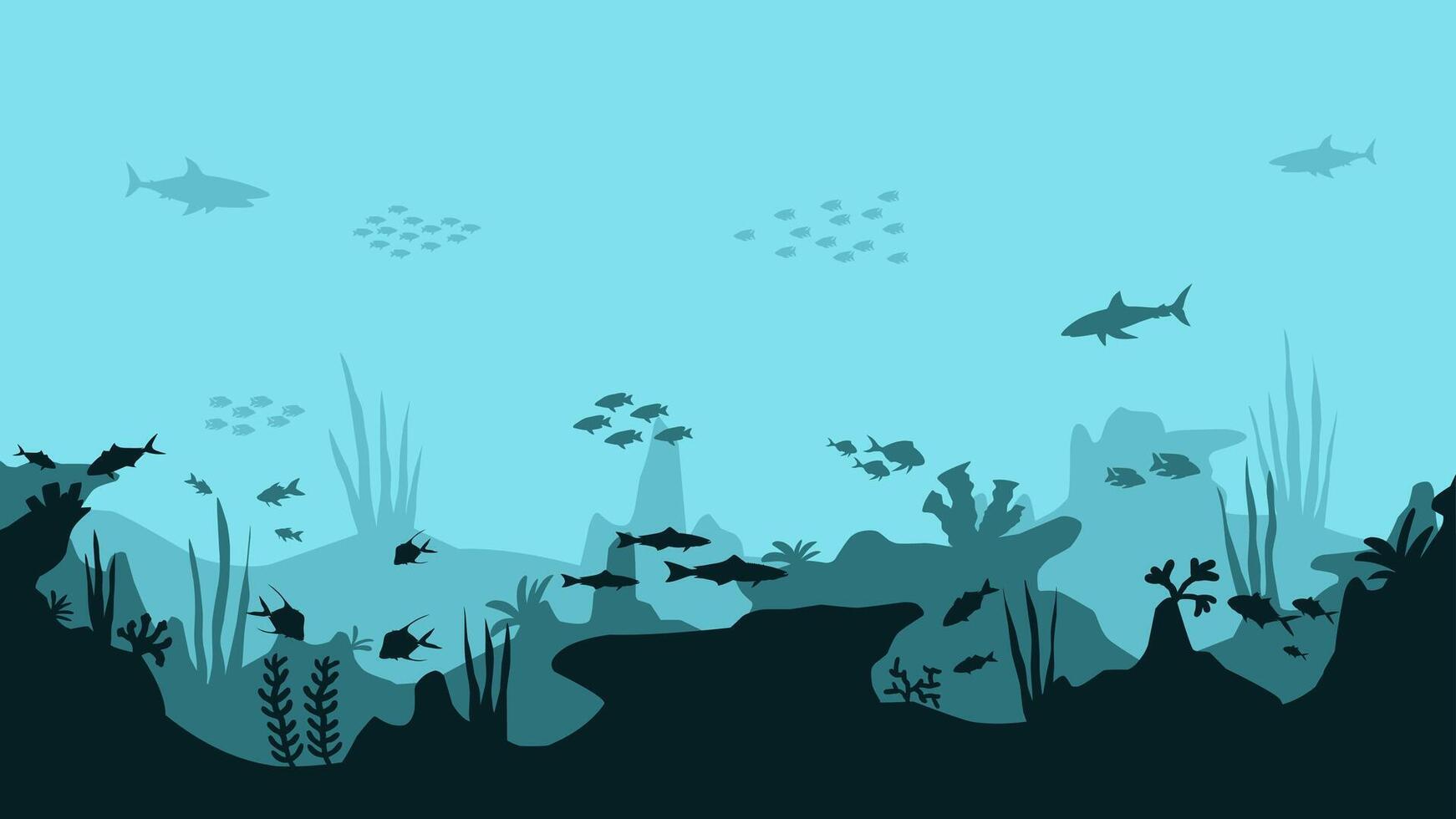Landscape illustration of seabed with coral reefs and fishes vector