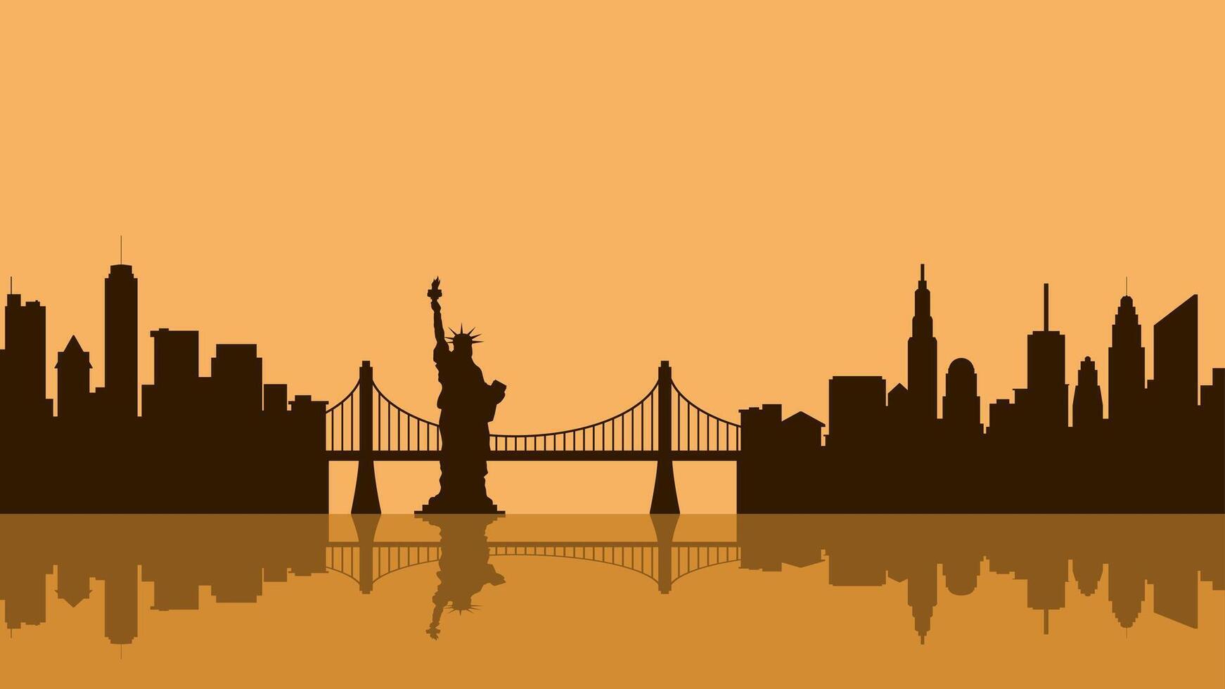 Cityscape illustration of new york city with Liberty statue and bridge vector