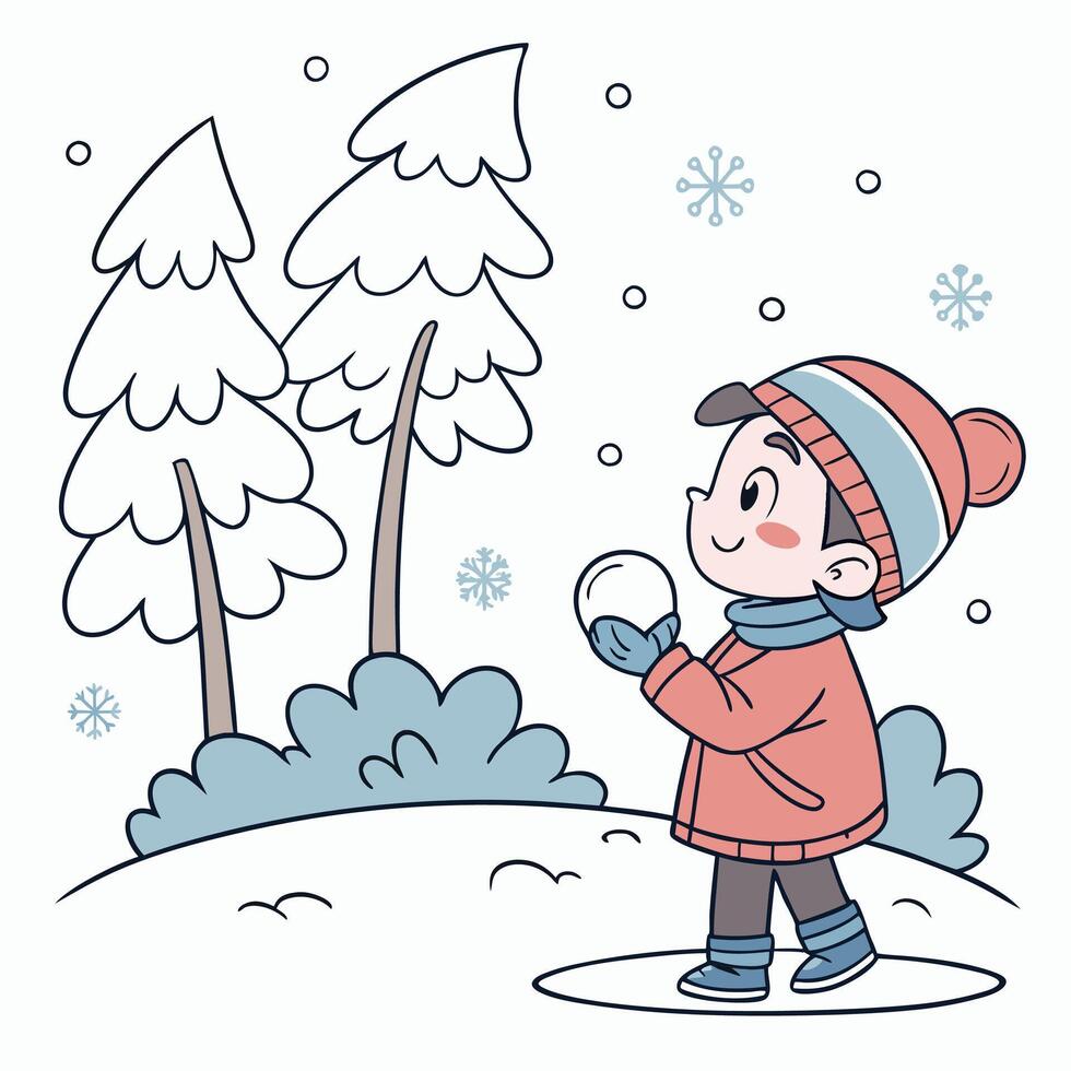 A little boy holding a snowball in a snowy park, cute boy playing in the snow for the cover of a children's book or winter event vector