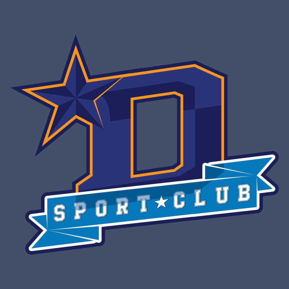 D letter logo with star and ribbon for university sport club vector