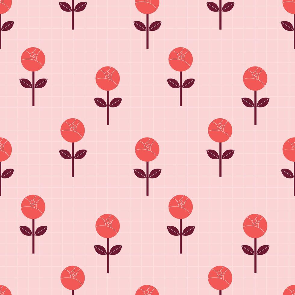 Seamless Floral Pattern with Geometric Red Flowers on Pink Background vector