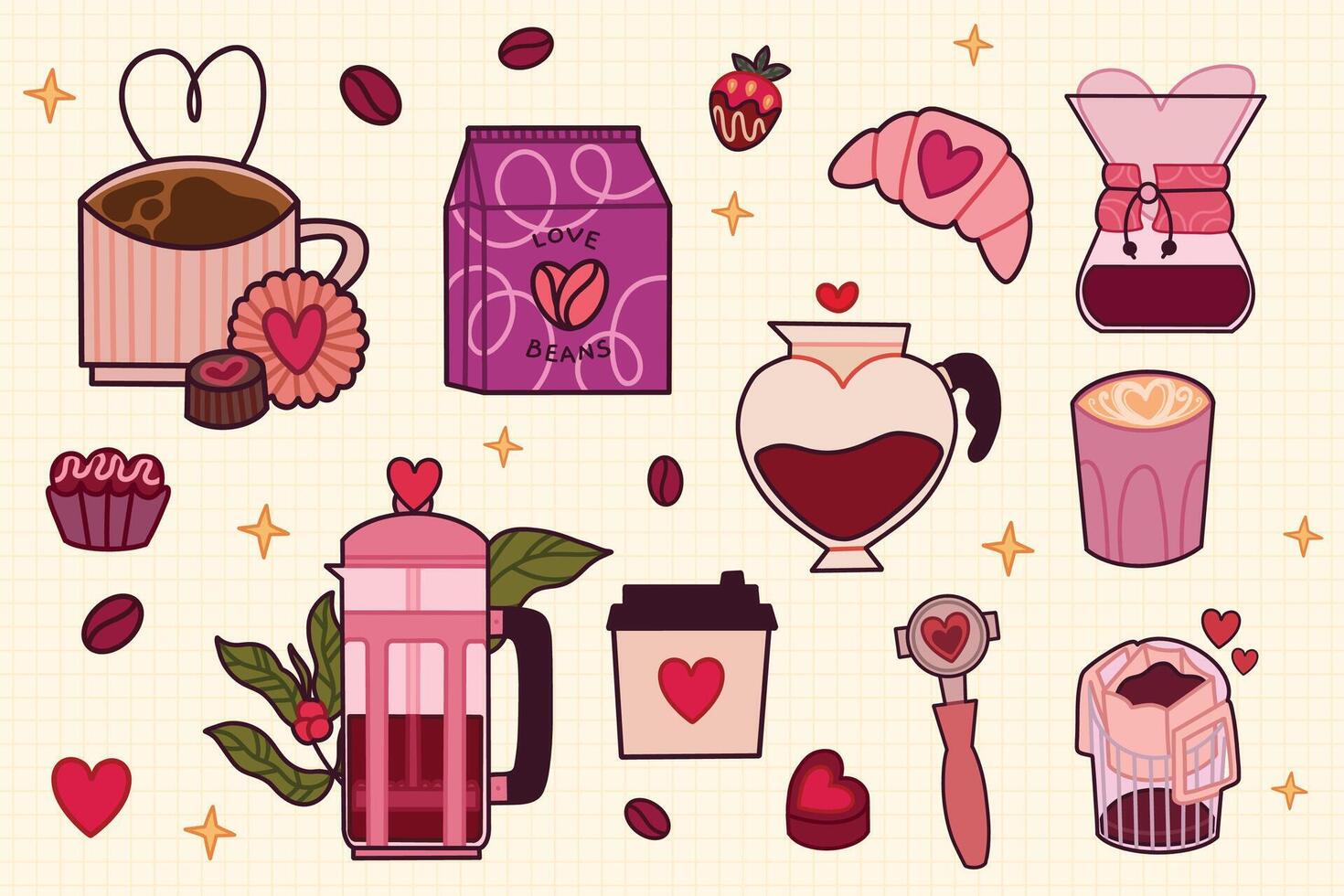 Charming Coffee-Themed Illustration With Hearts, Beans, And Pastries vector