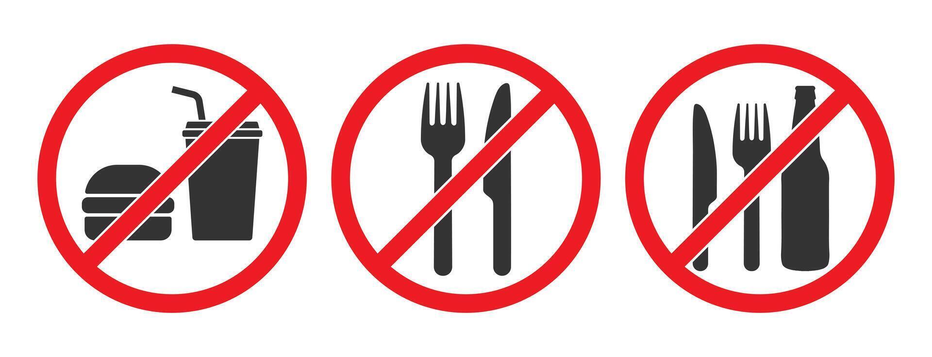 Do not eat or drink sign symbol icon set. No eating or drinking logo collection. Prohibition, prohibited, not allowed, ban, forbidden. illustration. Isolated on white background. vector