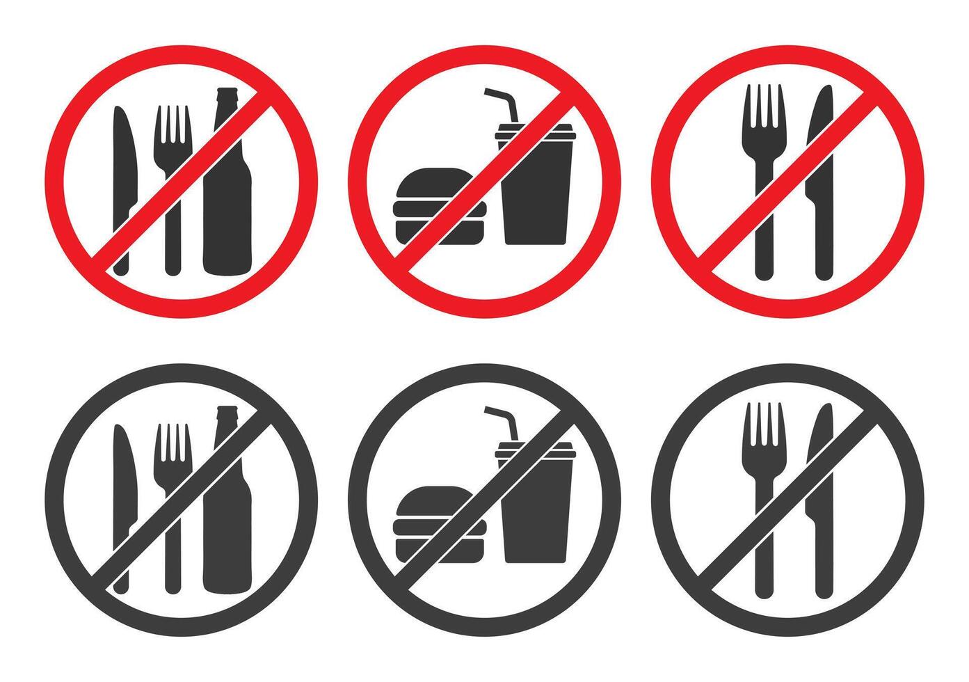 Do not eat or drink sign symbol icon set. No eating or drinking logo collection. Prohibition, prohibited, not allowed, ban, forbidden. illustration image. Isolated on white background. vector