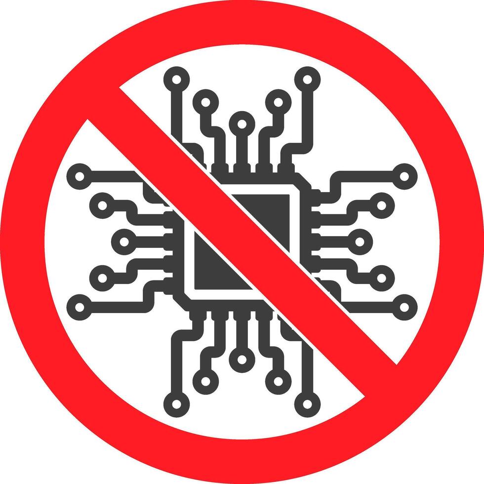 No AI microchip Machine learning prohibited symbol, AI not allowed icon, Artificial intelligence prohibited sign. illustration image. Isolated on white background. vector
