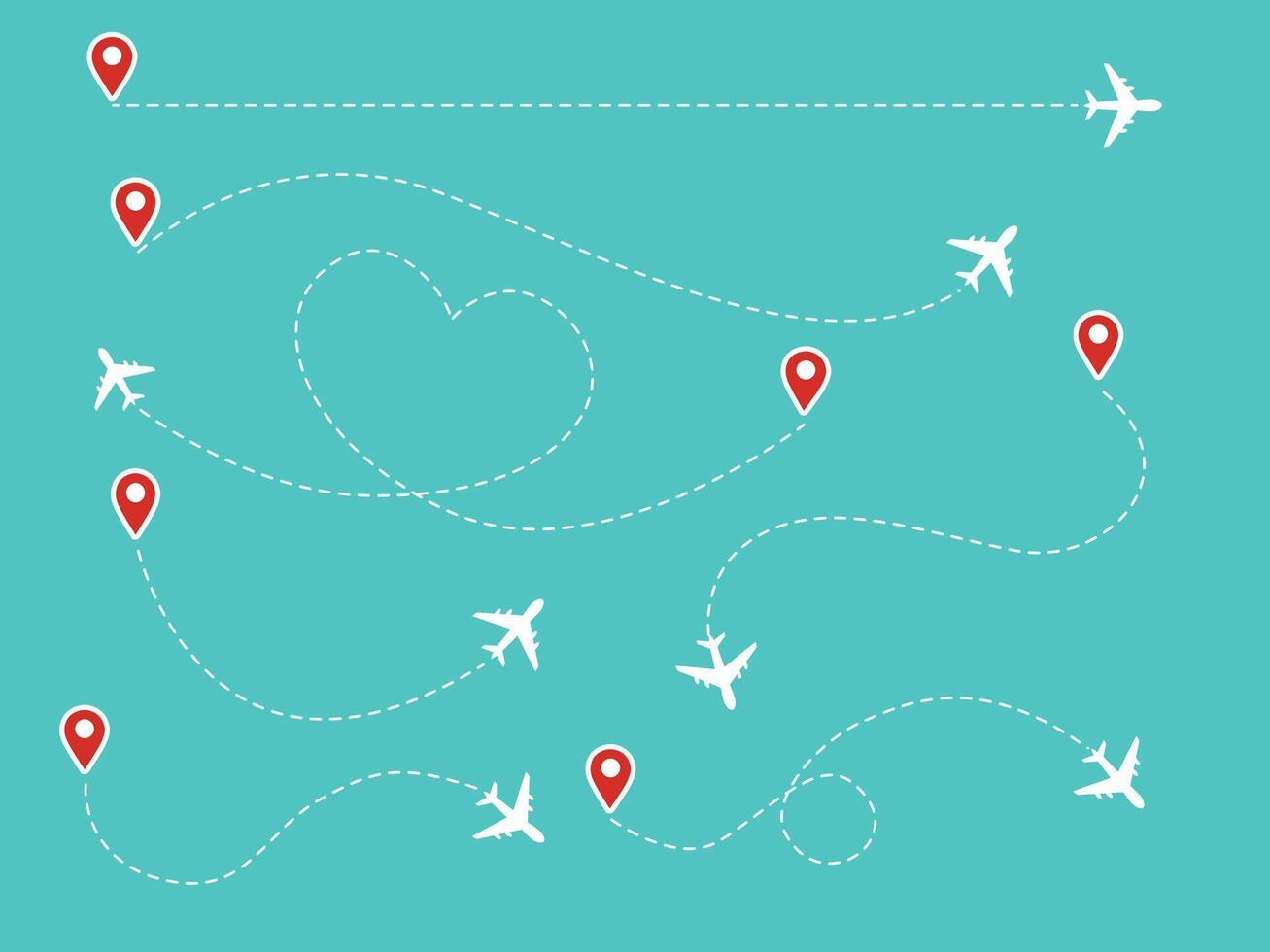 Airplane line path icon of air plane flight route with map pins, GPS points vector