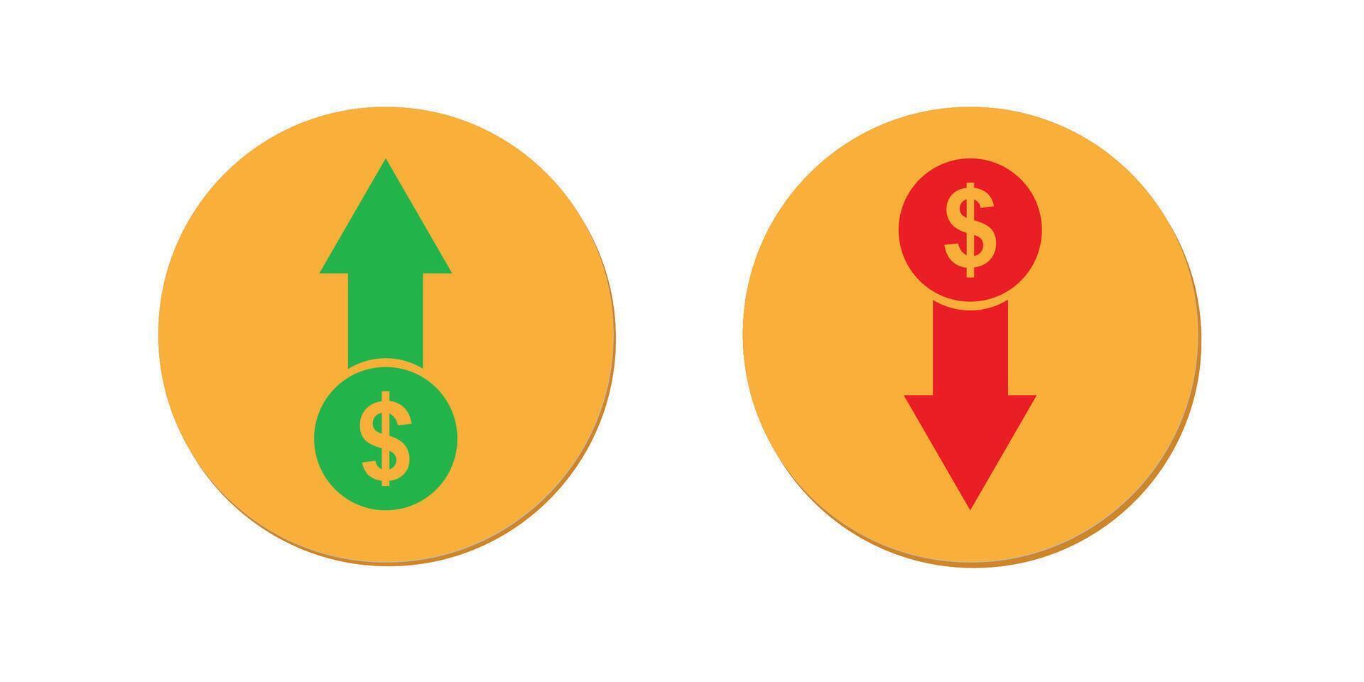 Dollar rate increase icon set, coin sign with arrow up and down. vector
