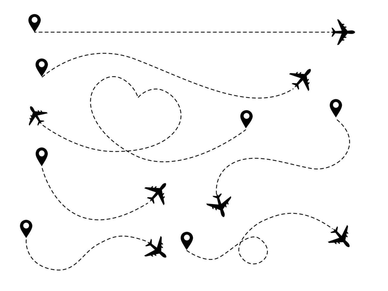 Airplane travel concept with map pins, GPS points. Flight start point concept or theme vector
