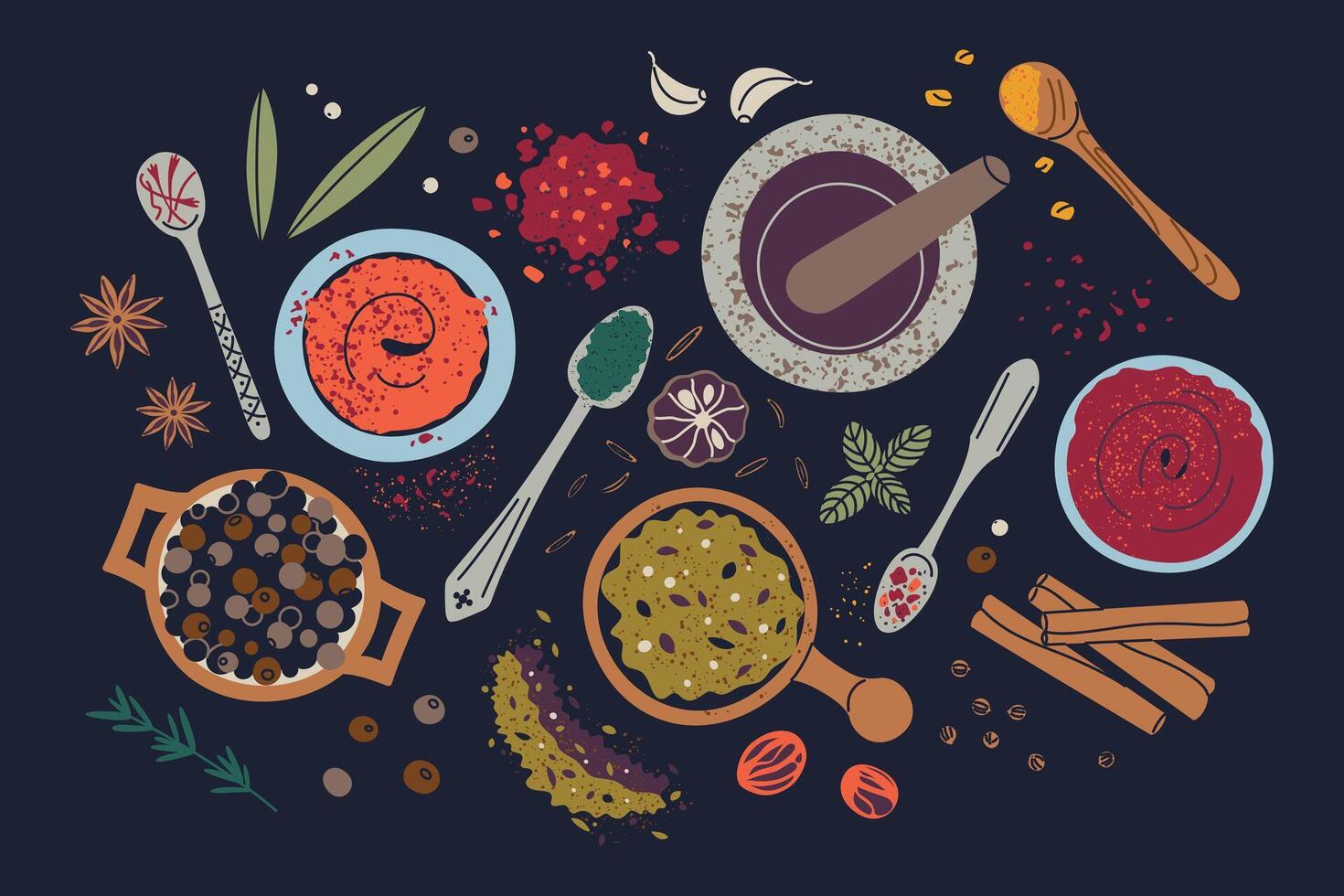 illustration of spices and herbs composition on black background. Flat cartoon design with pepper, garlic, cinnamon, star anise, basil, and spice blends in bowls and decorative spoons vector