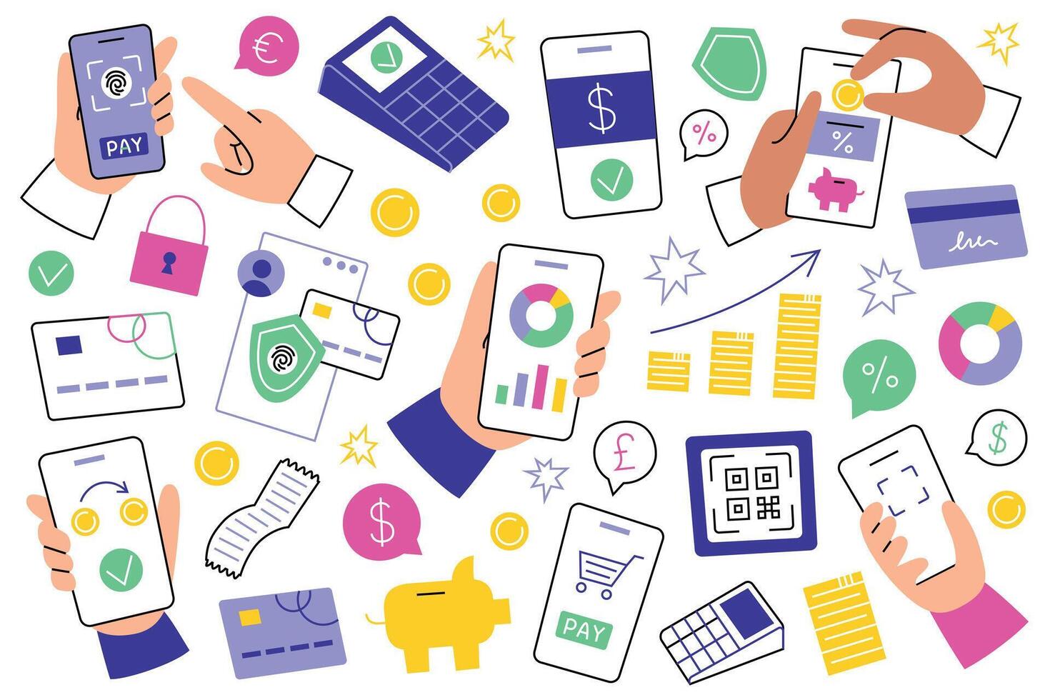 illustration set of banking and payment icons in flat cartoon style. Smartphones, QR codes, credit cards, savings, charts, and security elements for finance and fintech concepts vector