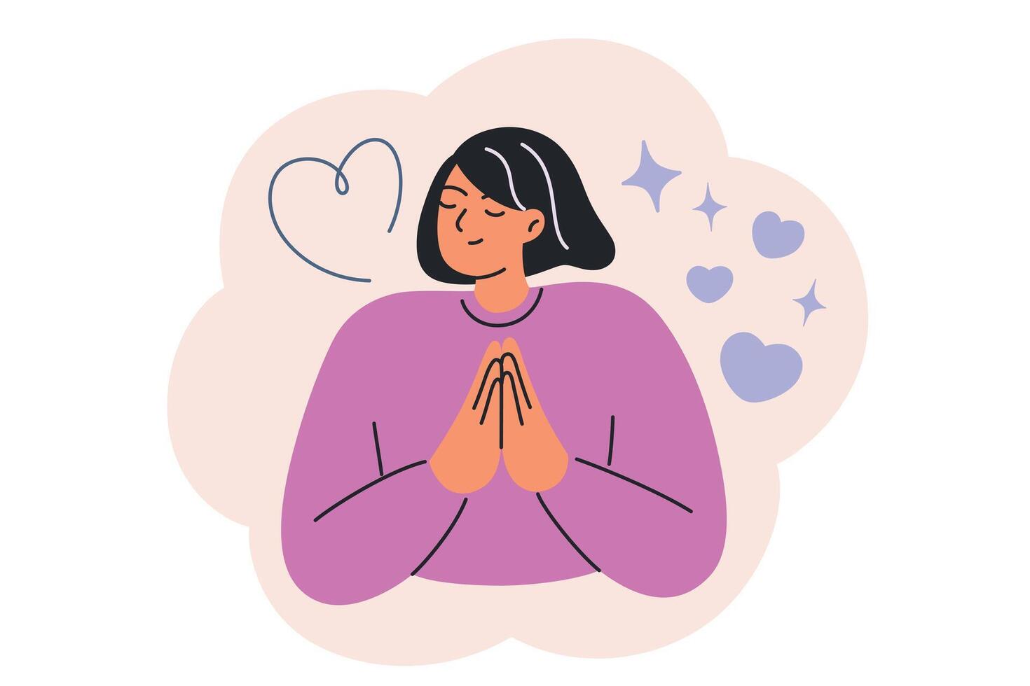 illustration of grateful woman with closed eyes and folded hands, symbolizing gratitude, acceptance, and mindfulness. Flat cartoon style, psychological concept, serenity, and emotional balance vector