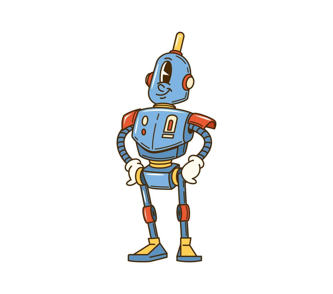 Cartoon retro groovy robot character with antenna vector