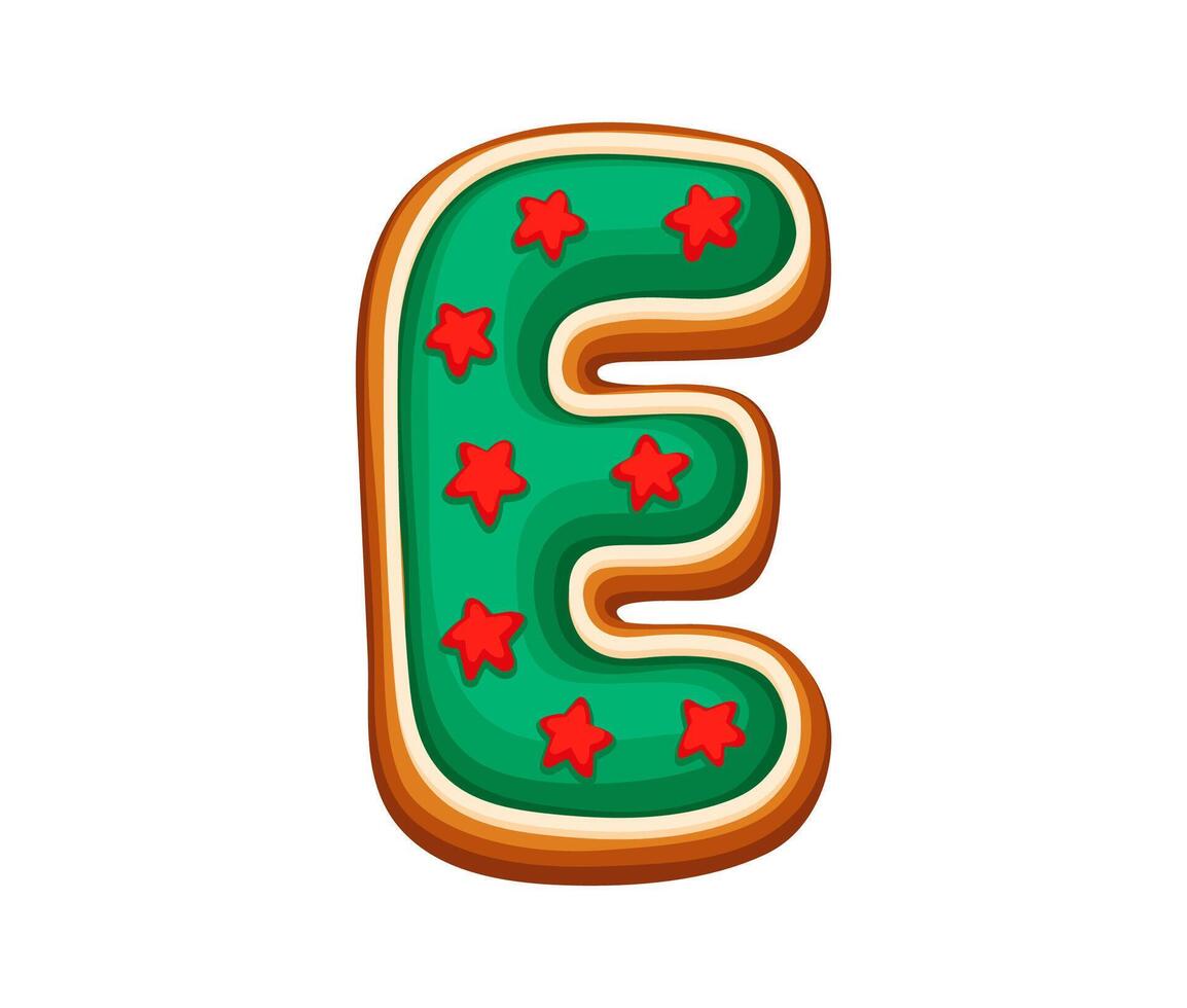 Gingerbread letter E with green icing and red star vector