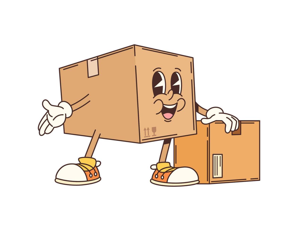 Groovy delivery cardboard box cartoon character vector