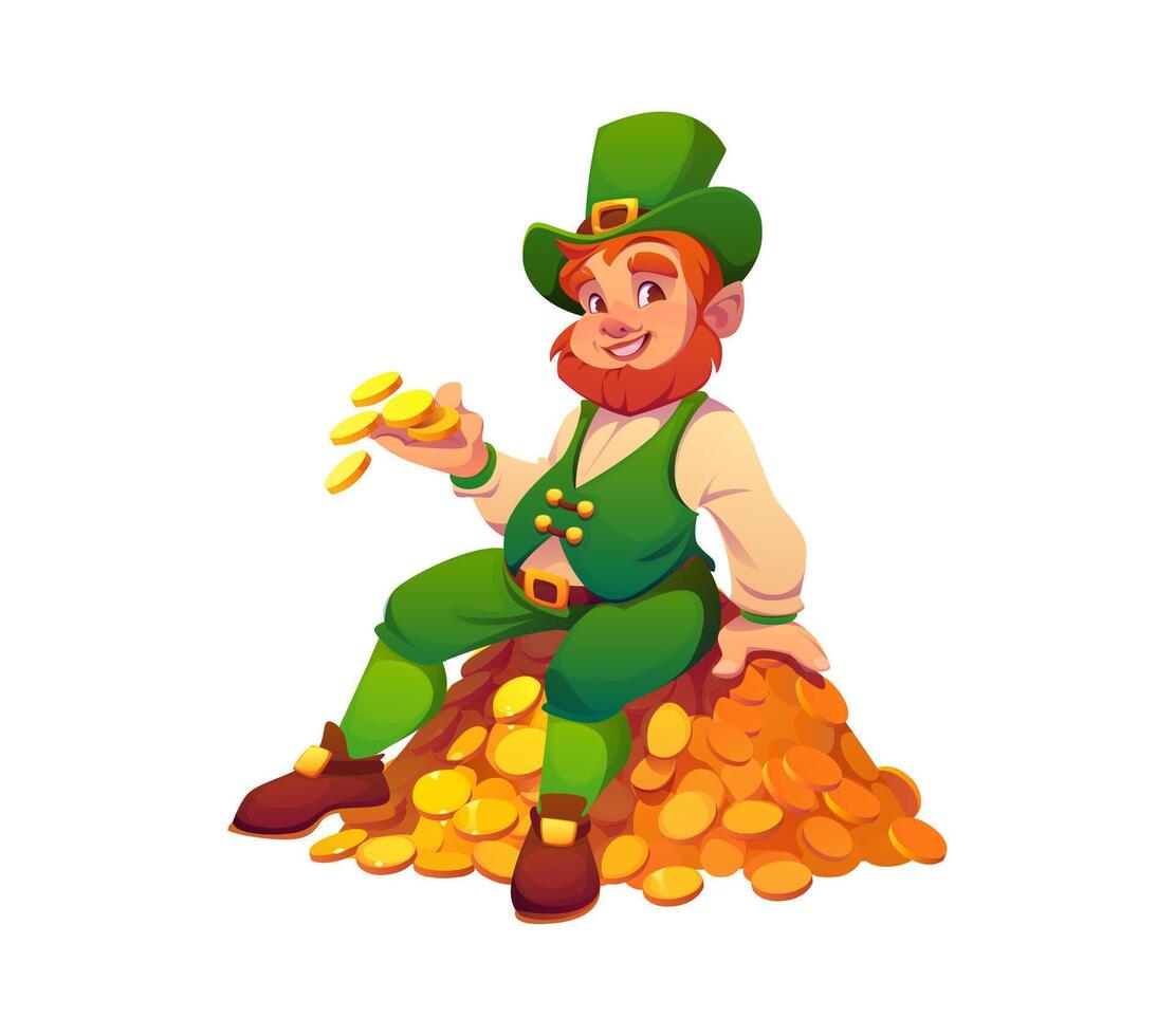 Cartoon leprechaun sitting on pile of golden coins vector
