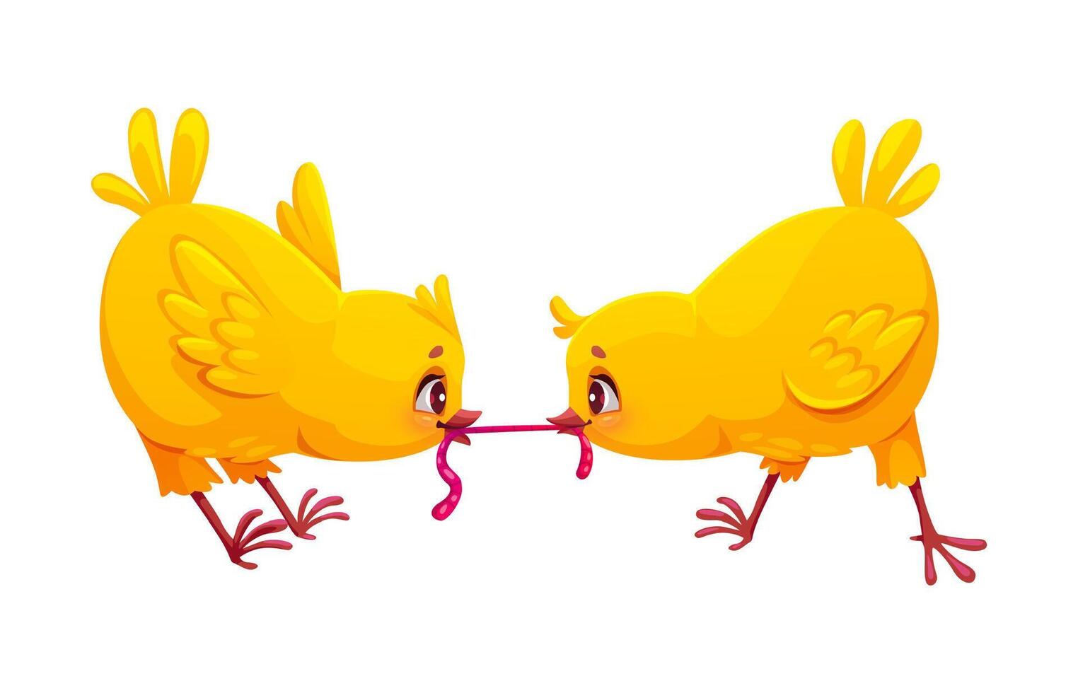 Cartoon chicks funny characters fighting for worm vector