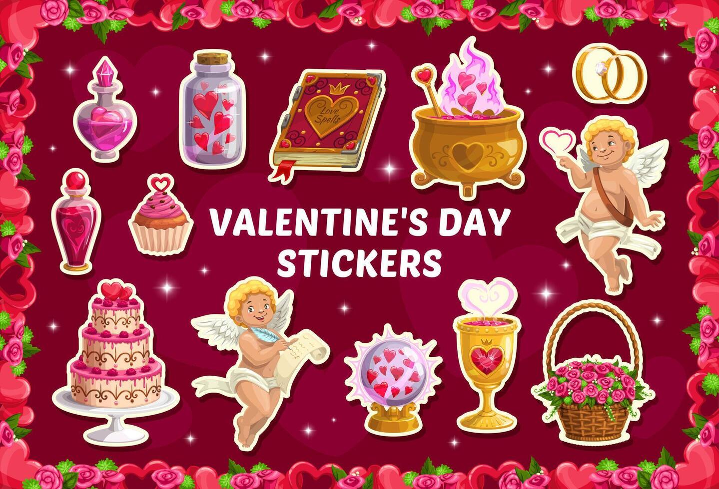 Valentine day cupids and gifts stickers pack vector