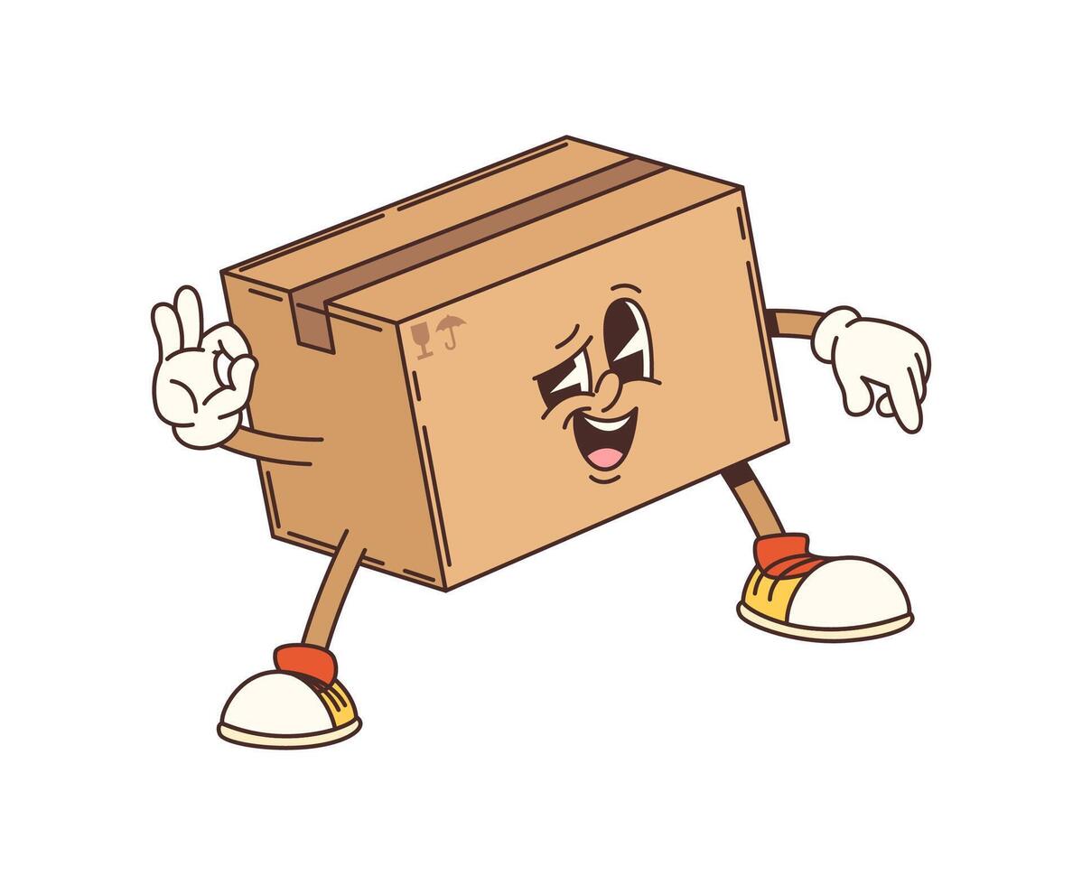 Cartoon groovy delivery box making an ok gesture vector