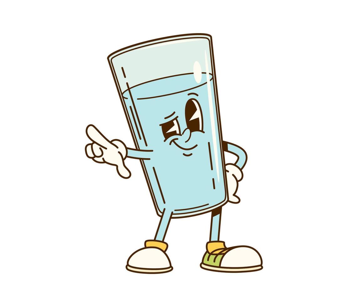 Cartoon groovy glass of water character pointing vector