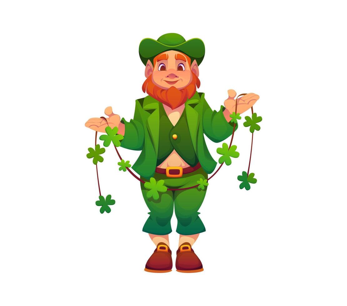 Cheerful cartoon leprechaun man holding shamrocks vector