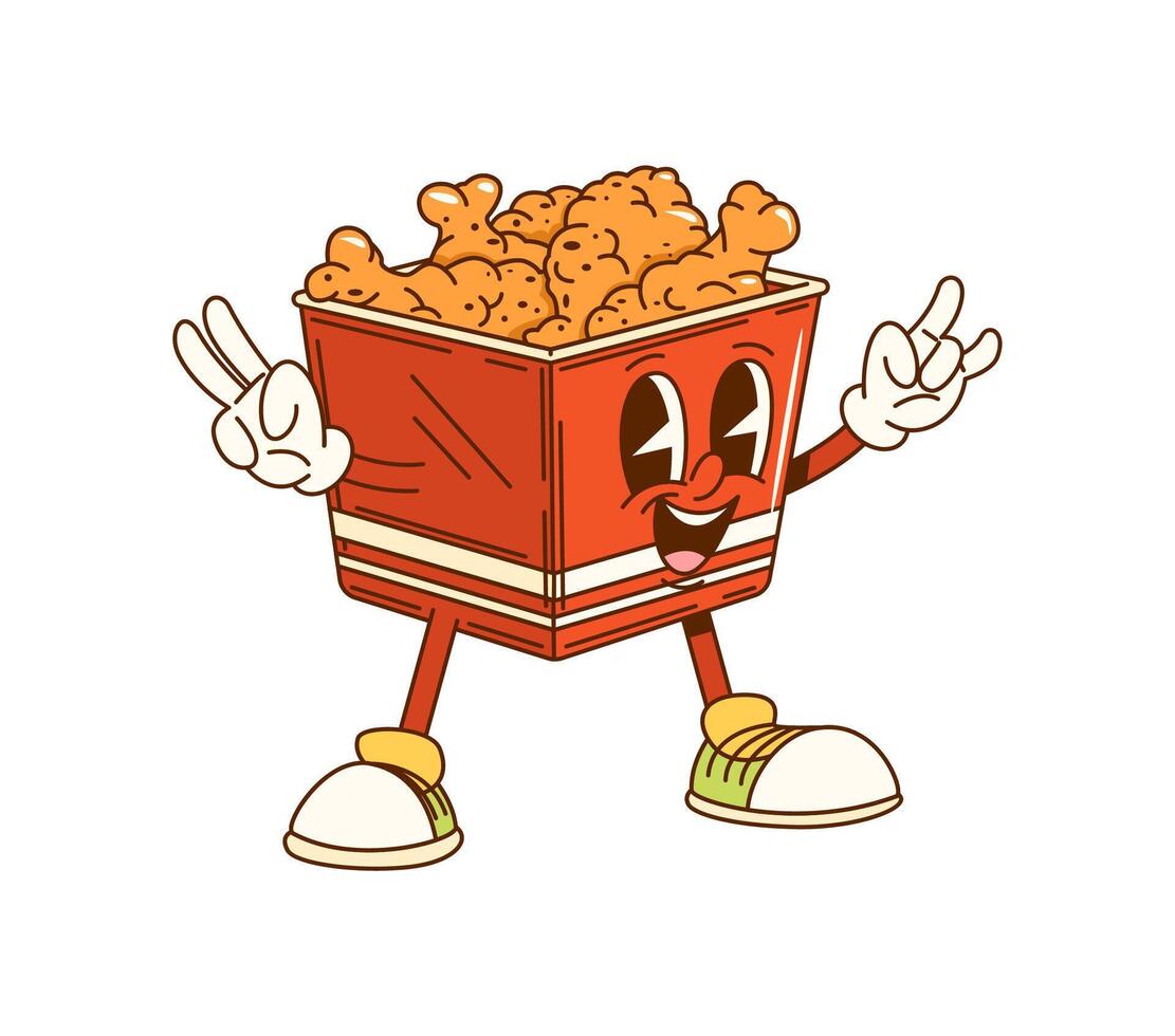 Cartoon groovy bucket fried chicken legs character vector