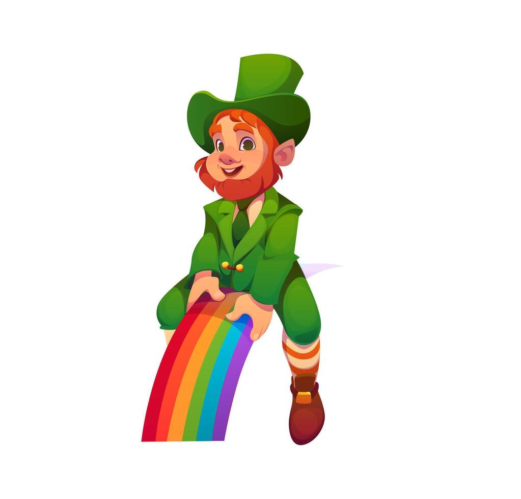 Irish leprechaun cartoon character riding rainbow vector