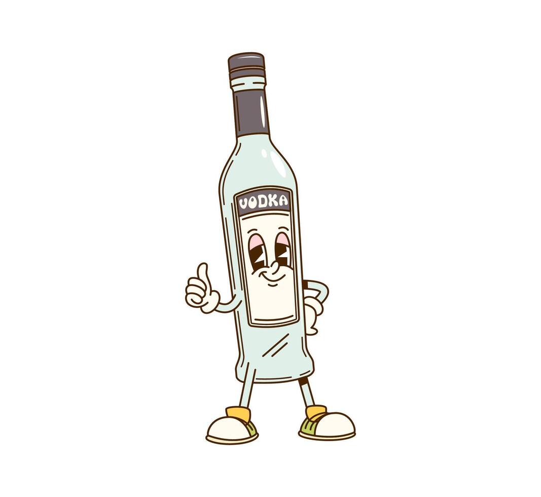Cartoon groovy vodka bottle character thumbs up vector
