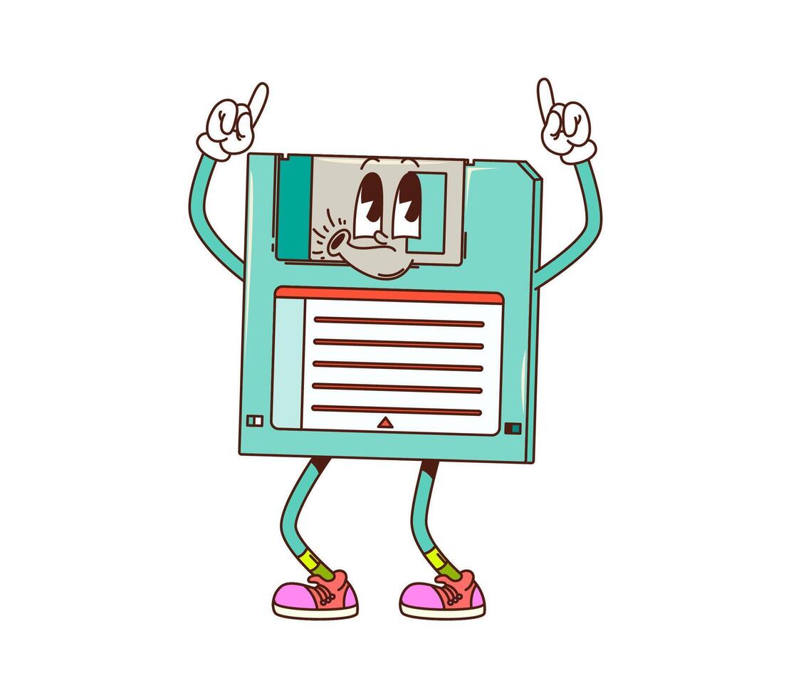 Retro groovy computer diskette cartoon character vector
