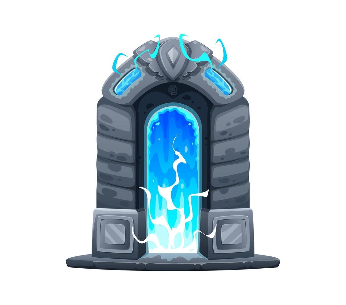 Magic portal door, blue ancient teleport doorway vector