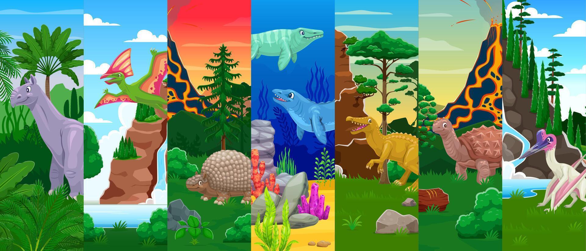 Cartoon prehistoric dinosaur characters collage vector